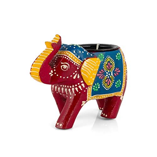 JH Gallery Home Decor Handcrafted and Colorful Wooden Elephant Tea Light Holder, (4 Inches, Red, Pack of 1) - Image 1