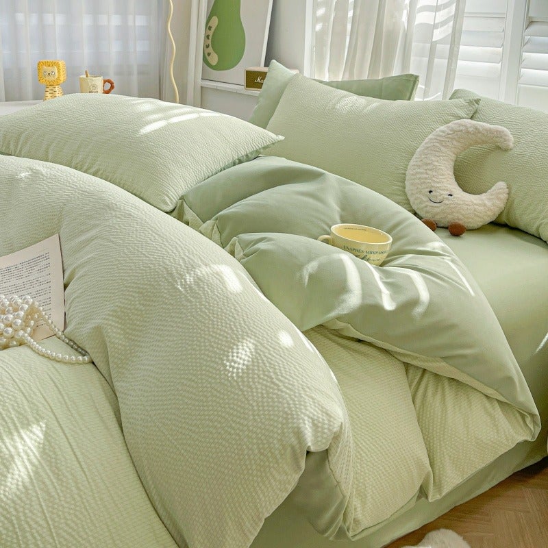 4pcs Ultra Soft Seersucker Bedding (1 Duvet Cover + 1 Bed Sheet + 2 Pillowcases) - Suitable for Bedroom, Dormitory, Guest Room, All Seasons, Easy Care - Image 1