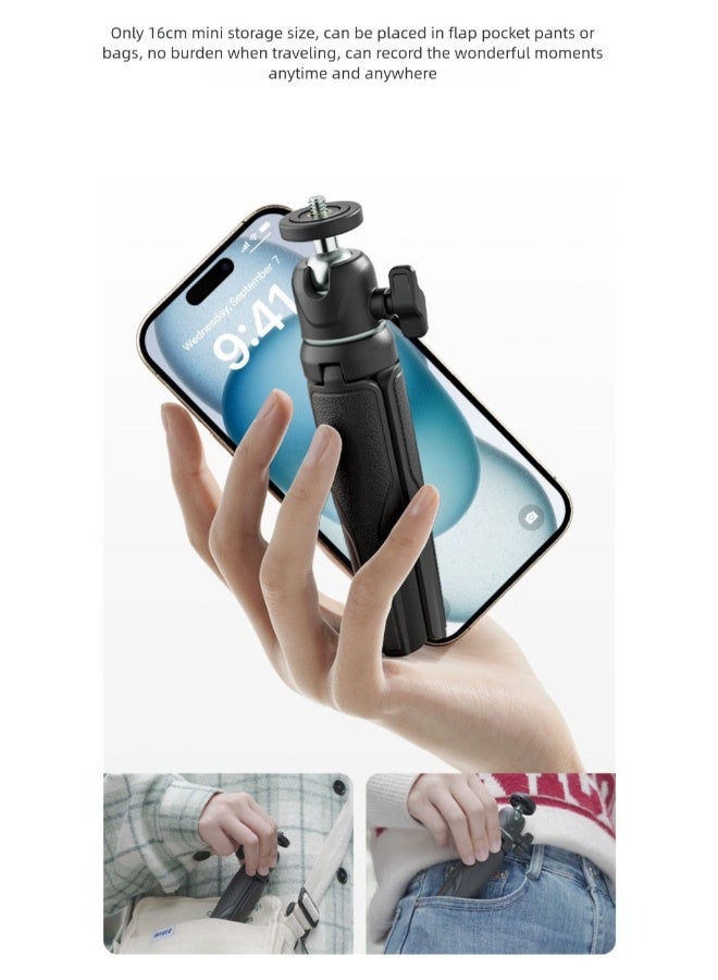 aMagisn 16cm Pocket 2-in-1 Mini Tripod Selfie Stick, 15–30cm Aluminum Extension, 360° Ball Head, Anti-Slip Soft Rubber Feet — Mini Tripod(Black) - Image 4