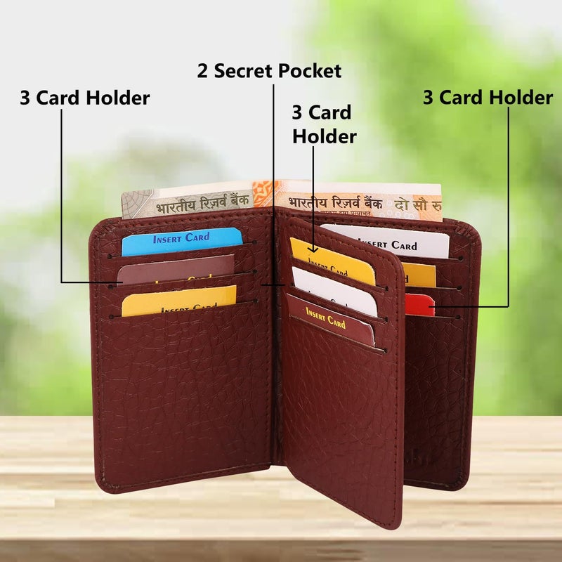 Dezire Crafts Leather Bifold Card Holder for Men | Slim Front Pocket Wallet with 9 Card Slots, 2 Hidden Pockets & 1 Currency Compartment (Brown) - Image 4