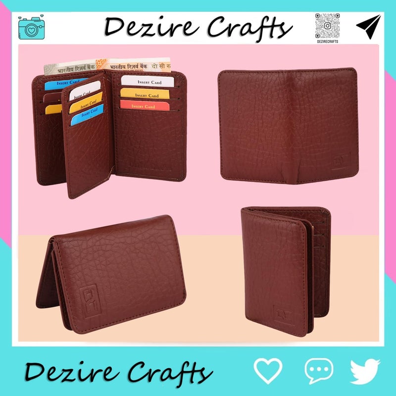 Dezire Crafts Leather Bifold Card Holder for Men | Slim Front Pocket Wallet with 9 Card Slots, 2 Hidden Pockets & 1 Currency Compartment (Brown) - Image 3