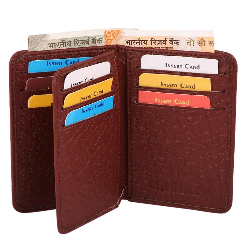 Dezire Crafts Leather Bifold Card Holder for Men | Slim Front Pocket Wallet with 9 Card Slots, 2 Hidden Pockets & 1 Currency Compartment (Brown) - Image 2