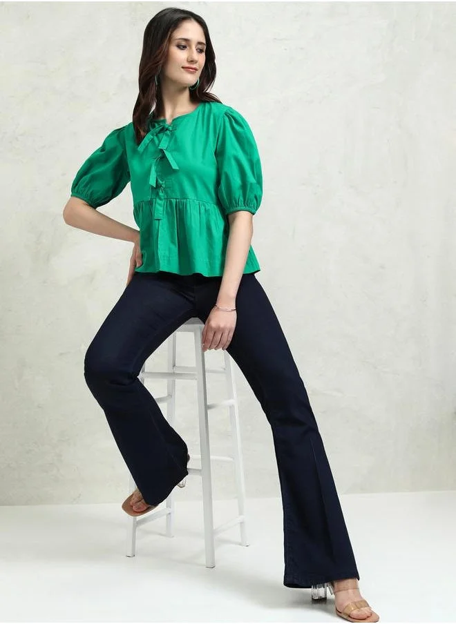 Tokyo Talkies Solid Puff Sleeve Top with Tie-Up Detail by Styli
