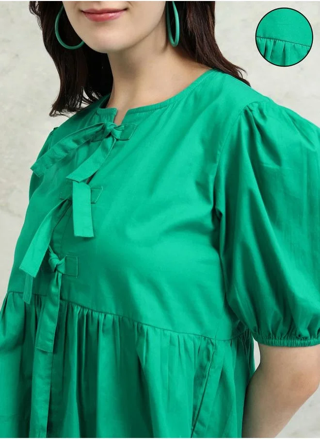 Tokyo Talkies Tokyo Talkies Solid Puff Sleeve Top with Tie-Up Detail