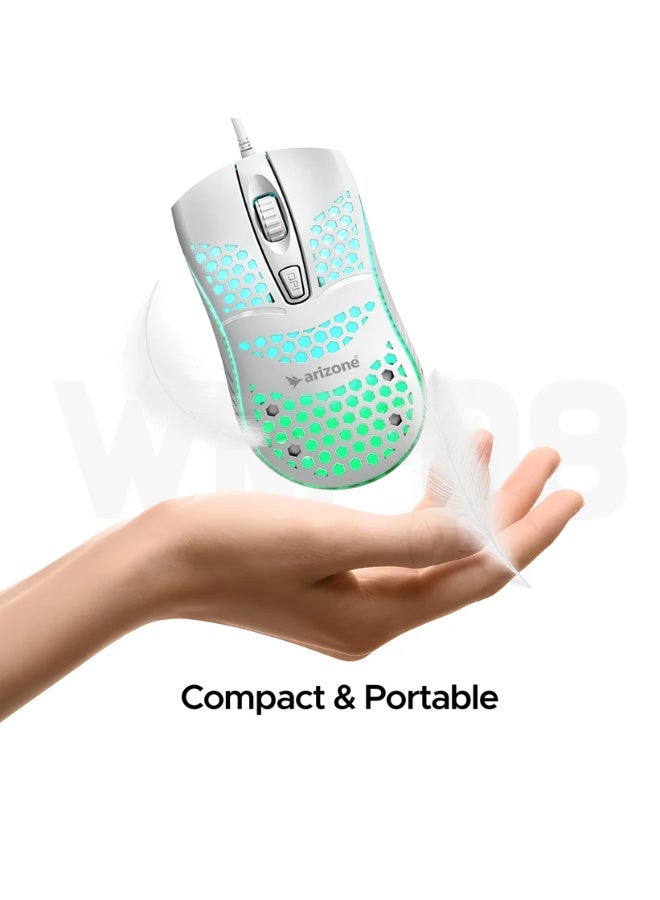 أريزون ماوس الألعاب السلكي WM-08 RGB - دقة 1600 نقطة في البوصة، هيكل مانع للانزلاق بتصميم خلية النحل مع مشتت حراري، 3 مستويات لضبط دقة DPI، إضاءة بأربعة ألوان - Image 2