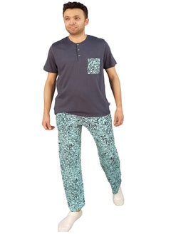 Jet Men Summer Pajama Set Plain Top & Printed Bottom-Turquoise*Grey  - Image 3