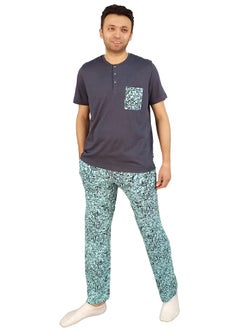 Jet Men Summer Pajama Set Plain Top & Printed Bottom-Turquoise*Grey  - Image 2