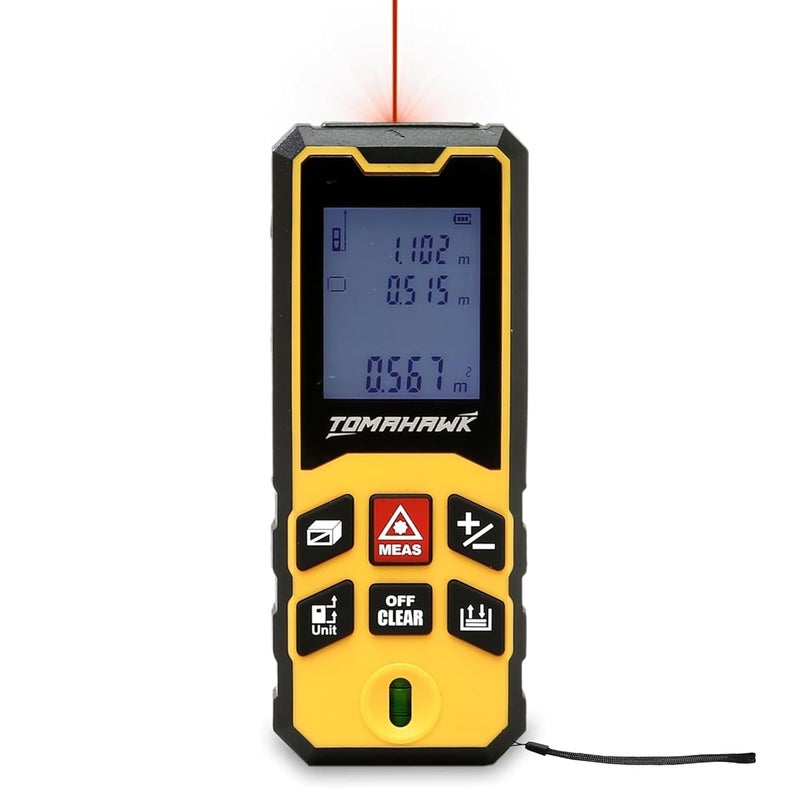Tomahawk ® TLM-O-60 Laser Distance Meter 60m RL THK | 325ft Range with Area, Volume, Pythagoras Measurement | Laser Class 2 | Water & Dustproof | 2 Line LCD Display with Batteries & Hand Strap - Image 1
