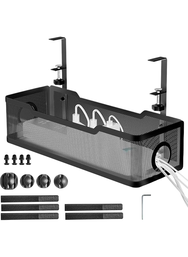 promass Under Desk Cable Management Tray White, No Drill Cable Management Under Desk, Cable Tray with Clamp for Desk Wire Management,Desk Cable Management Box for Office, Home - Image 1