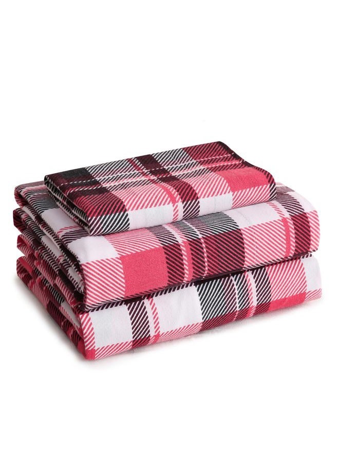 LONAVA 100% Organic Cotton Flannel Sheet Set 3 Pieces, Warm&Cozy Velvety Soft Heavyweight - Double Brushed Flannel, 16 inch Deep Pocket Bedsheets,(Twin,Red & Black Plaid) - Image 1