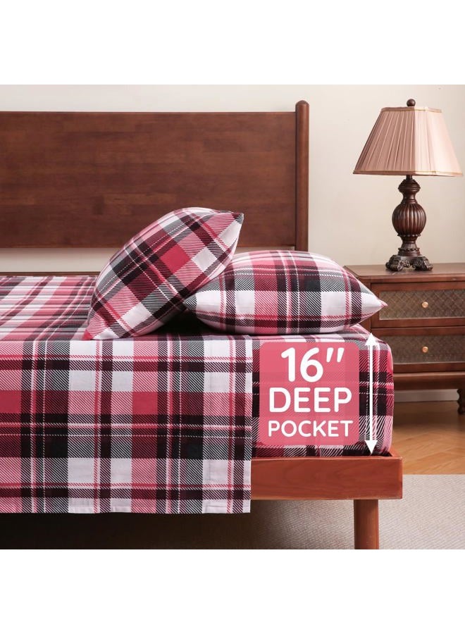 LONAVA 100% Organic Cotton Flannel Sheet Set 3 Pieces, Warm&Cozy Velvety Soft Heavyweight - Double Brushed Flannel, 16 inch Deep Pocket Bedsheets,(Twin,Red & Black Plaid) - Image 5