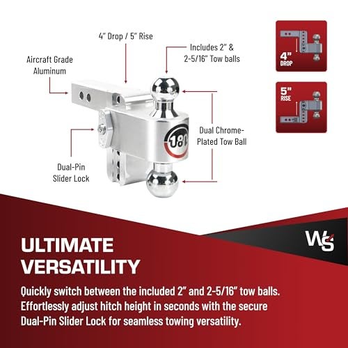 Weigh Safe Adjustable Trailer Hitch Ball Mount, 4" Adjustable Drop Hitch for 2" Receiver w/ 2 pc Keyed Alike Lock Set, Heavy Duty Aluminum Trailer Tow Hitch w/Chrome Plated Tow Balls, 12,500 lbs GTW - Image 4