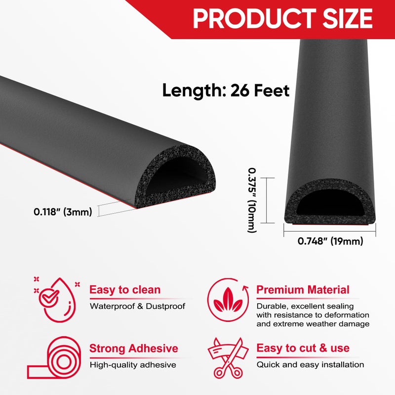 UIOCSSC 26 Feet Weather Stripping Door Seal Self Adhesive EPDM Foam Rubber Seal Strip D-Shaped Door Weather Stripping for Door and Window, RV, Boat, Auto, Truck, Marine, W:0.75"; H:0.375" - Image 3