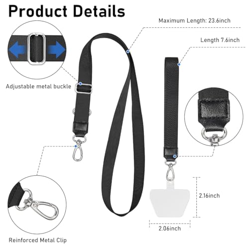 Zeitel® Phone Hand Strap Set with Adjustable 23.6" Neckstrap & 7.7" Hand Strap, Anti-Lost Adhesive Inserts for All Phone Cases, Secure & Durable, Black Phone Sling for Charging & Carrying - Image 2
