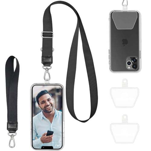 Zeitel® Phone Hand Strap Set with Adjustable 23.6" Neckstrap & 7.7" Hand Strap, Anti-Lost Adhesive Inserts for All Phone Cases, Secure & Durable, Black Phone Sling for Charging & Carrying - Image 1