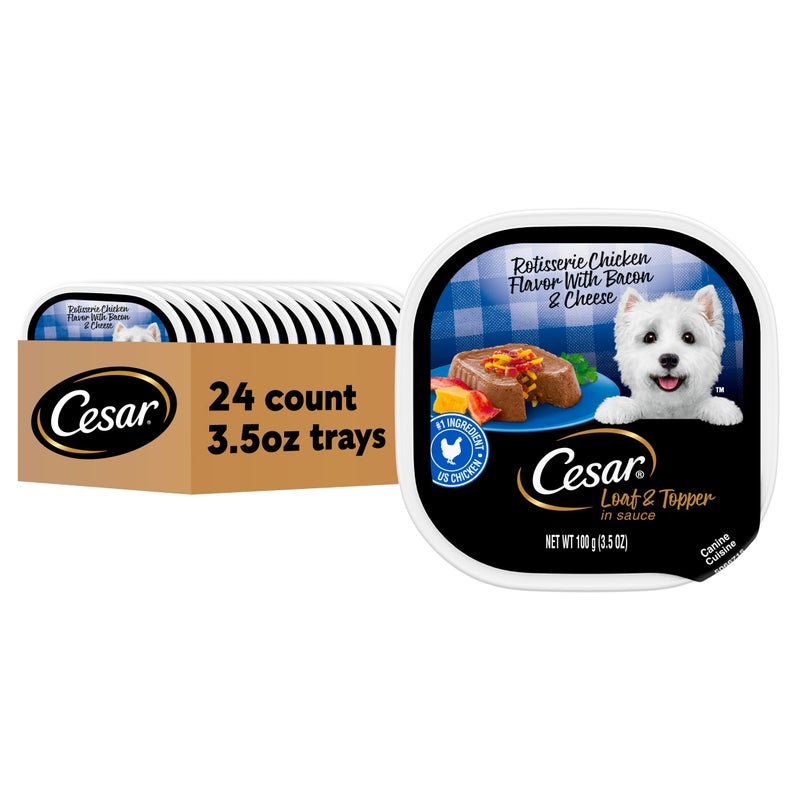 Cesar Loaf & Topper in Sauce Wet Dog Food, Rotisserie Chicken Flavor with Bacon & Cheese, Wet Food for Dogs, 3.5 oz Easy Peel Trays, 24 Count - Image 1