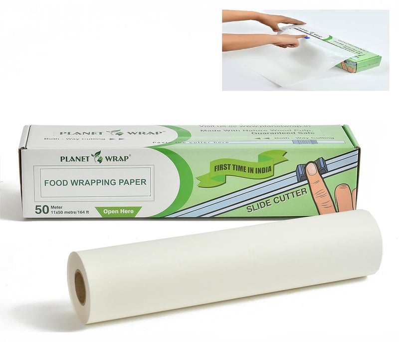 Planet Wrap ورق تغليف الطعام بلانيت راب أبيض 11 بوصة 50 متر مع قاطع منزلق آمن للاستخدام في الميكروويف ورق غير مطبوع غير مشمع غير مغطى 100 ورق صحي 50 جرام سمك - Image 1