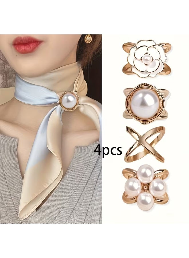 Home Clearance Sale Pearl Scarf Clips - Set of 4, Simple and Stylish Camellia Decorative Fasteners for T-Shirt Hems and Belt Knots - Image 1