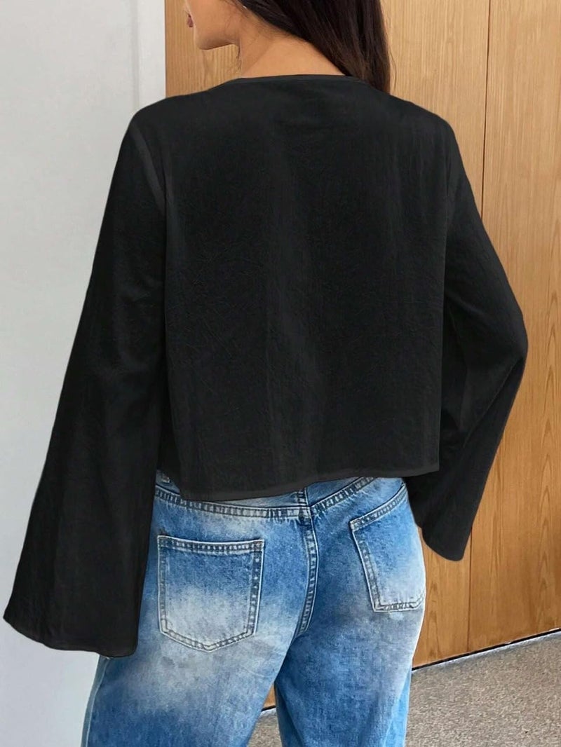 SXV STYLE Front Tie-Up Top with Long Flared Sleeves (in, Alpha, XS, Black) - Image 5