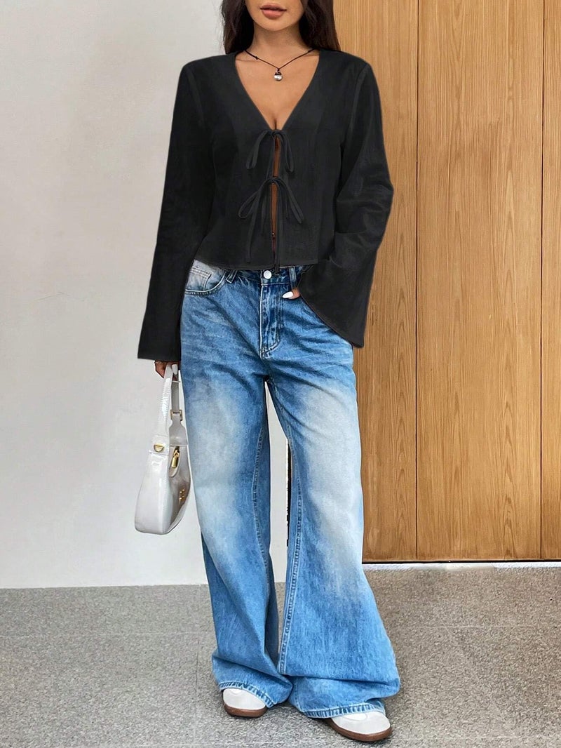 SXV STYLE Front Tie-Up Top with Long Flared Sleeves (in, Alpha, XS, Black) - Image 3