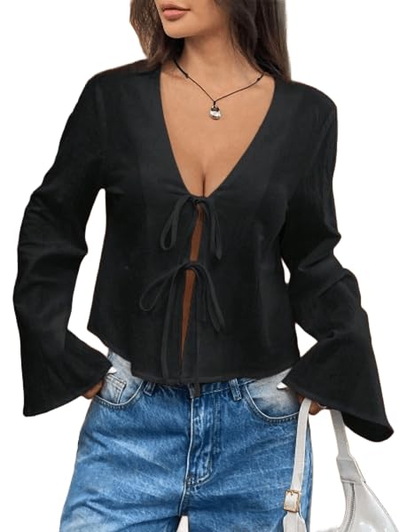 SXV STYLE Front Tie-Up Top with Long Flared Sleeves (in, Alpha, XS, Black) - Image 1