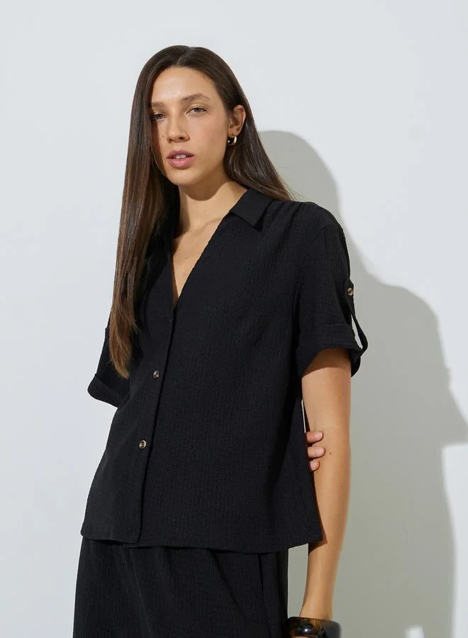 Styli Black Textured Open Collar Shirt and Pants Co-ord Set
