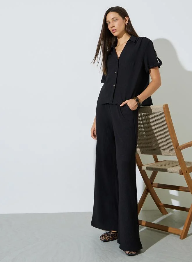 Styli Black Textured Open Collar Shirt and Pants Co-ord Set
