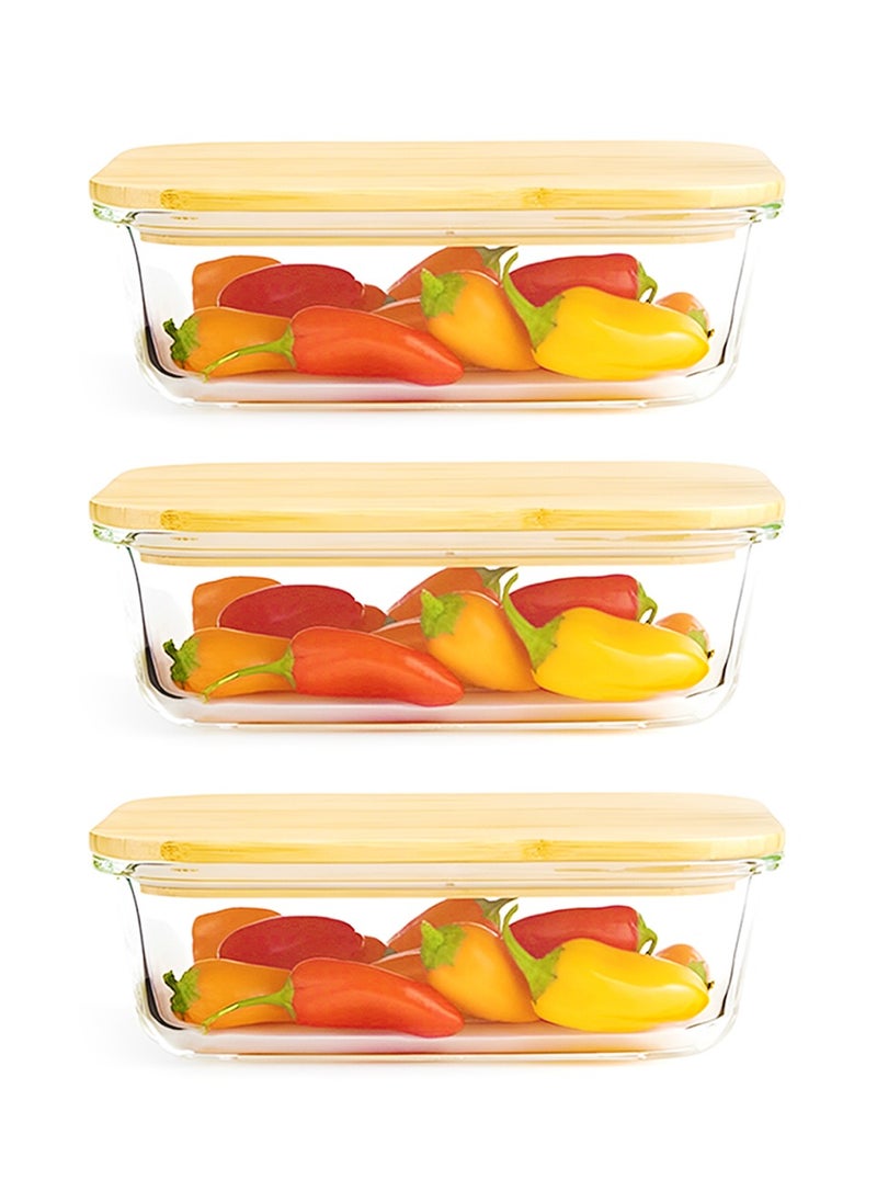 BLACKSTONE - Set of 3 Glass Food Containers with Wooden Lids & Silicone Rings – 370ml Leakproof Storage Solution - Image 1