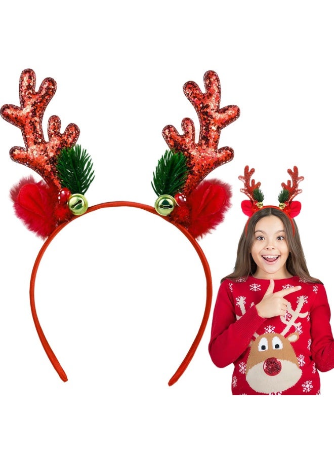 عام عصابة رأس غزال الرنة لعيد الميلاد، طوق شعر بالقرون اللامعة الحمراء، تصميم أجراس الترتر الأحمر لعيد الميلاد، إكسسوارات شعر لحفلات أعياد الميلاد والعطلات للنساء والأطفال والكبار، مستلزمات الحفلات. - Image 1