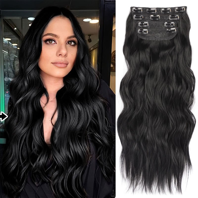 20Inch Jet Black Hair Extensions Clip in Hair Extension for Women 4PCS Long Wavy Hair Extension Clip Ins Thick Hairpieces Double Weft Natural Wave Synthetic Clip on Hair Extensions 20INCH 1B