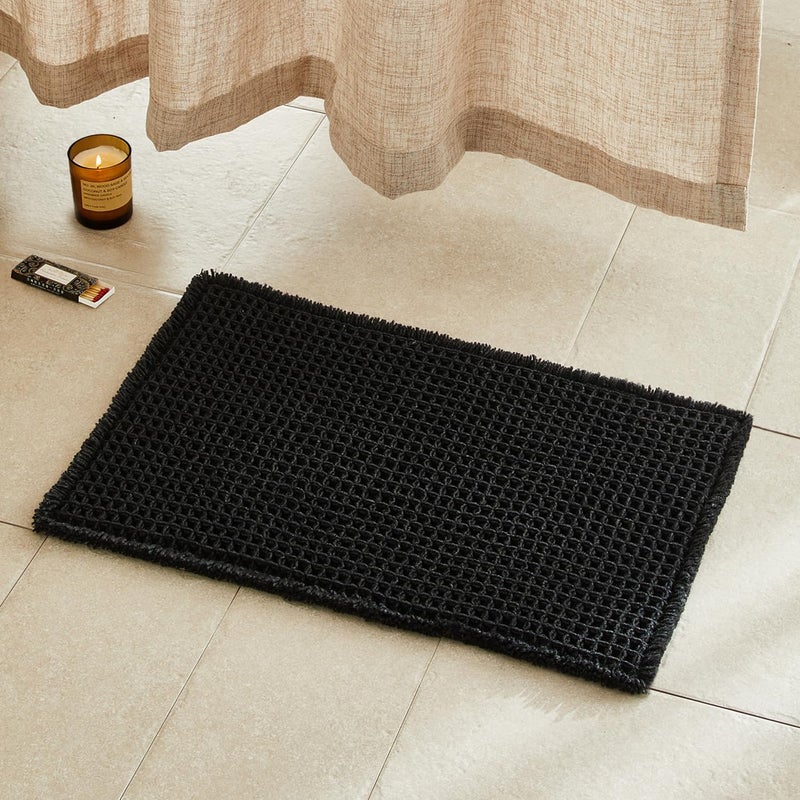 TYUU Black Bathroom Rug, Waffle Bath Mat Non Slip Washable Super Absorbent Quick Dry Boho Farmhouse Bathroom Decor, 24"x16" Black - Image 1