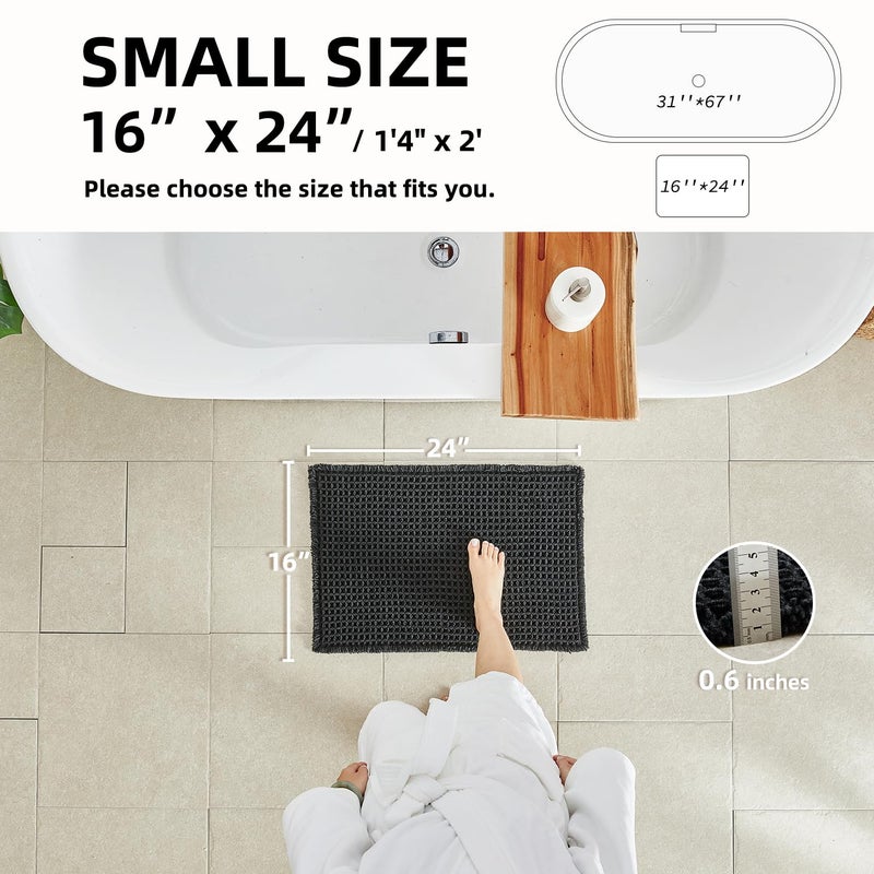 TYUU Black Bathroom Rug, Waffle Bath Mat Non Slip Washable Super Absorbent Quick Dry Boho Farmhouse Bathroom Decor, 24"x16" Black - Image 2