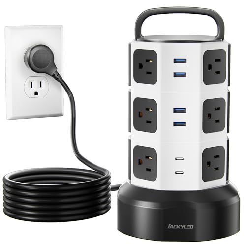 JACKYLED 【10ft】 Power Strip Tower JACKYLED Surge Protector Electric Charging Station with 13A 12 Outlets 6 USB Ports Heavy Duty Extension Cord for Home Office Computer Nightstand Laptop Phone White Black - Image 1