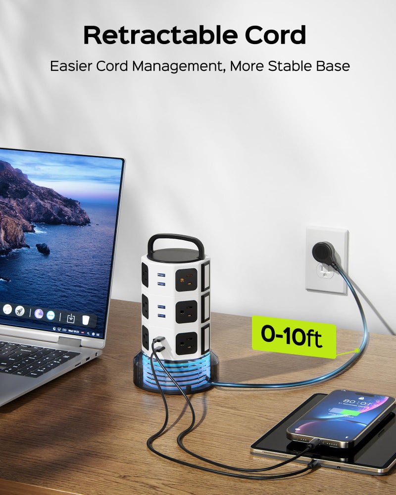 JACKYLED 【10ft】 Power Strip Tower JACKYLED Surge Protector Electric Charging Station with 13A 12 Outlets 6 USB Ports Heavy Duty Extension Cord for Home Office Computer Nightstand Laptop Phone White Black - Image 3