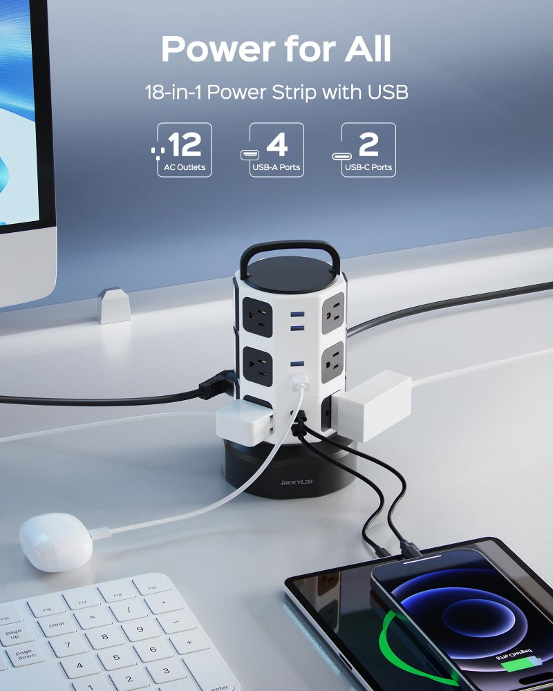 JACKYLED 【10ft】 Power Strip Tower JACKYLED Surge Protector Electric Charging Station with 13A 12 Outlets 6 USB Ports Heavy Duty Extension Cord for Home Office Computer Nightstand Laptop Phone White Black - Image 2