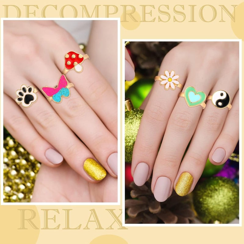 Excefore Cartoon Style Mood Rings Set - 9-Piece Rotatable Open Rings for Women, Cute Spinner Design for Anxiety Relief, Stackable and Calming Jewelry Kit - Image 2