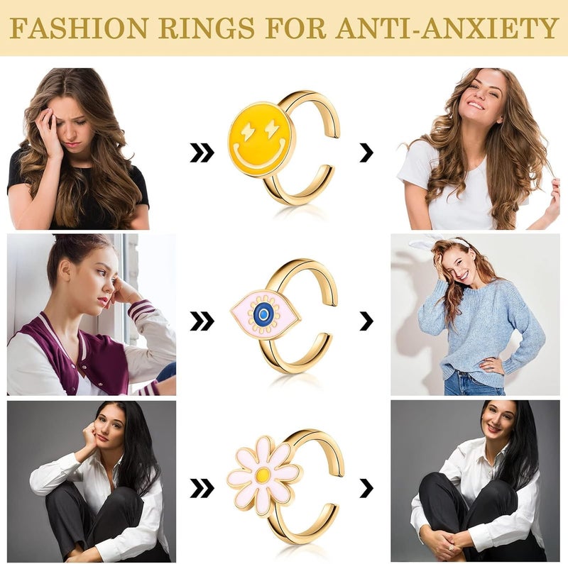 Excefore Cartoon Style Mood Rings Set - 9-Piece Rotatable Open Rings for Women, Cute Spinner Design for Anxiety Relief, Stackable and Calming Jewelry Kit - Image 4
