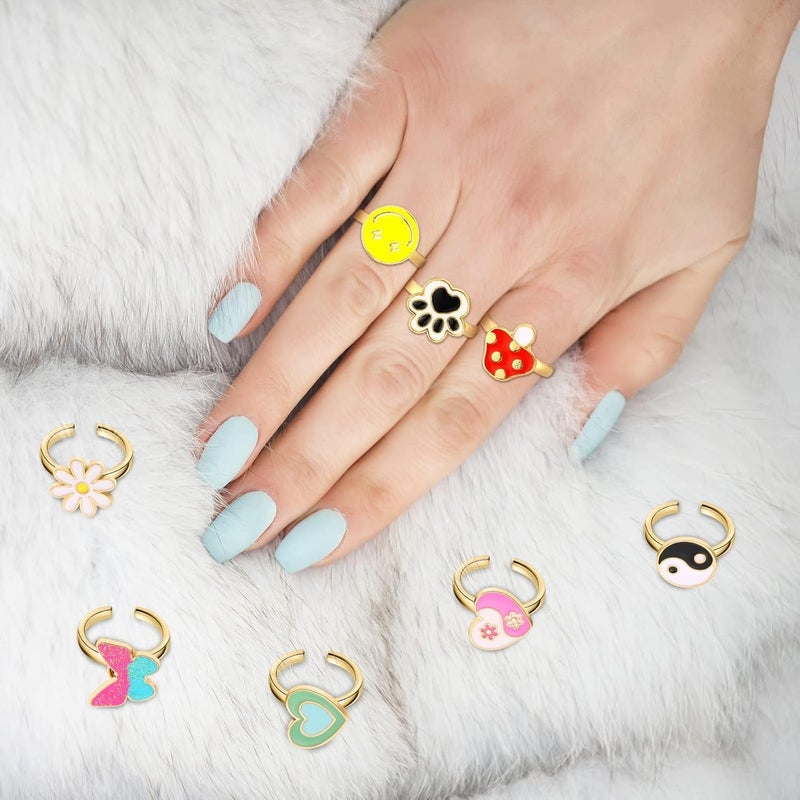 Excefore Cartoon Style Mood Rings Set - 9-Piece Rotatable Open Rings for Women, Cute Spinner Design for Anxiety Relief, Stackable and Calming Jewelry Kit - Image 3