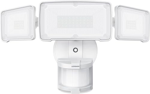 LEPOWER LED Security Lights Motion Sensor Light Outdoor 38W 4200LM Light 5500K IP65 Waterproof 3 Head Detected Flood Light for Garage Yard Porch Not Solar Powered White