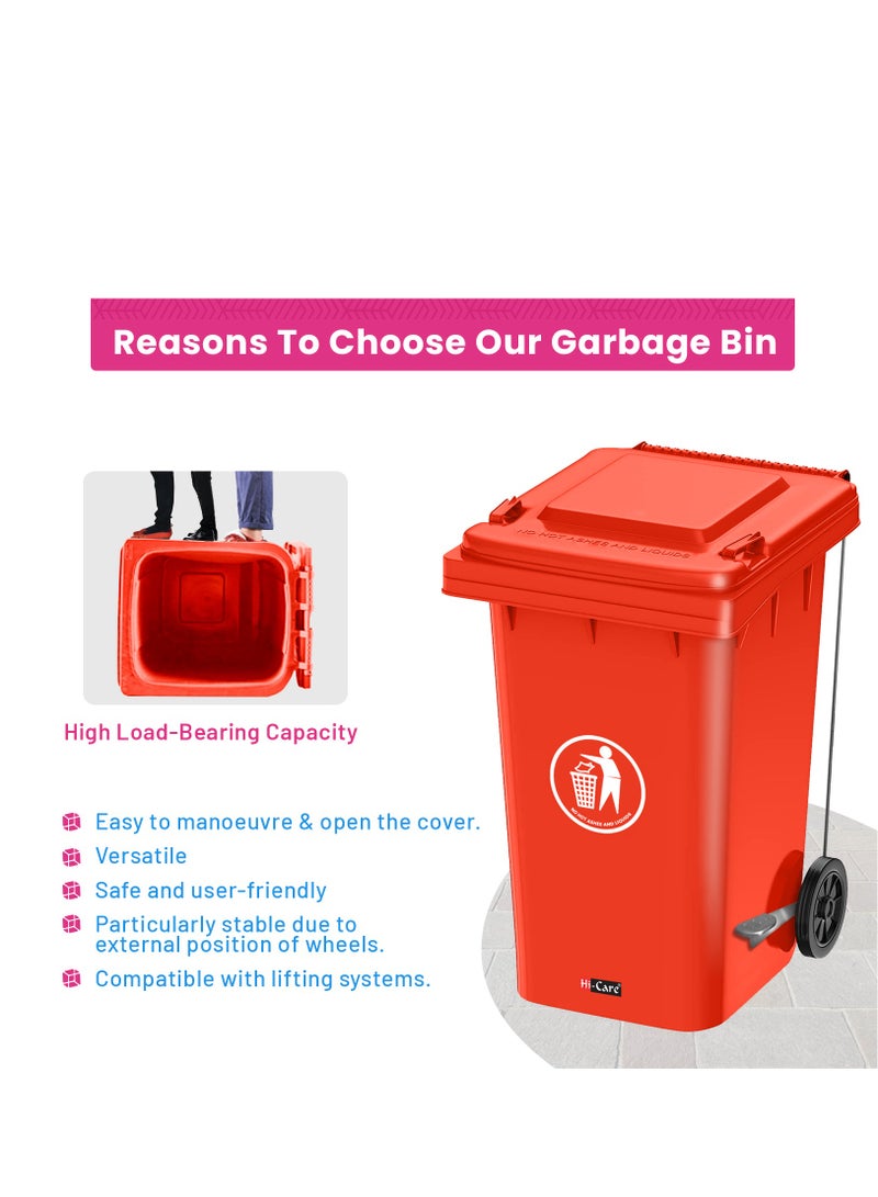 Hi Care Plastic Garbage Bin 120 Litre with wheel and pedal - Heavy Duty Kitchen Dust Bin Outdoor Recycle Trash Can Large Industrial Waste bin Trash bin (Red) - Image 3