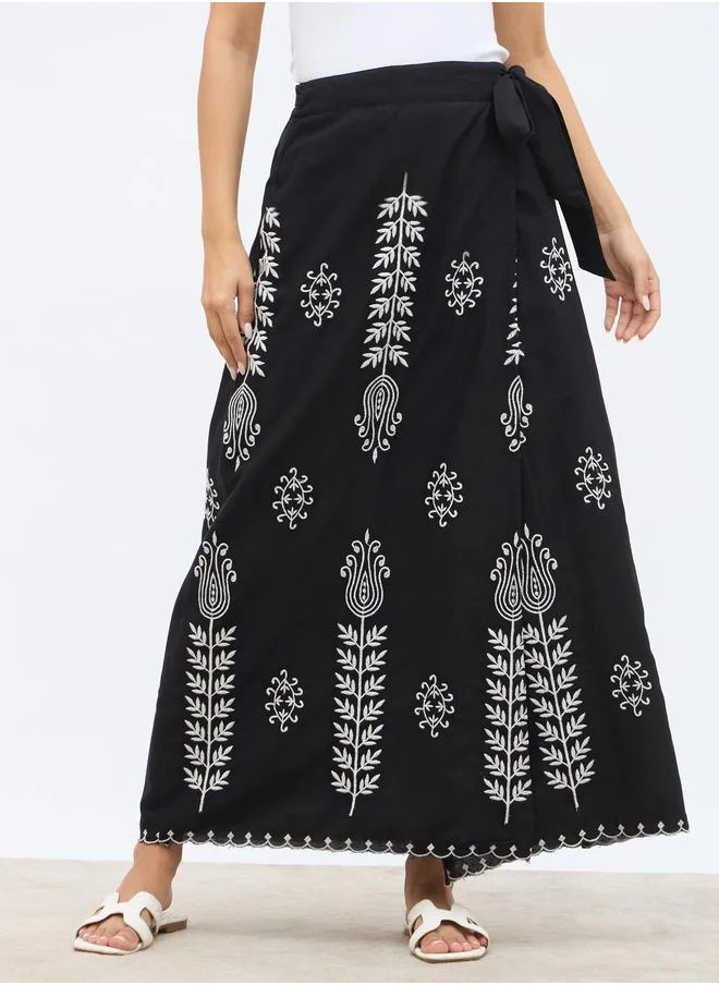 Styli Styli Embroidered Straight Fit Maxi Skirt with Tie-Up Detail