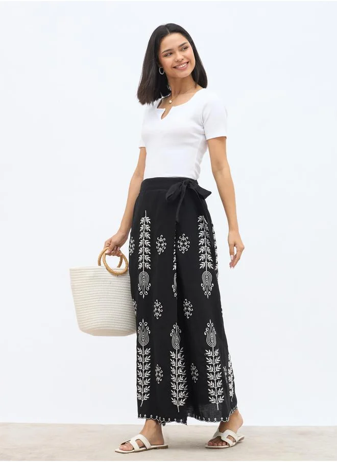 Styli Styli Embroidered Straight Fit Maxi Skirt with Tie-Up Detail