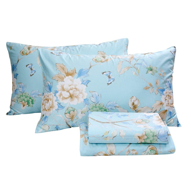 FADFAY Floral Bedding Shabby Blue Bird Print Bed Sheet Set Luxury Bedding Collections 800 Thread Count 100 Egyptian Cotton Deep Pocket 4 PieceQueen Size