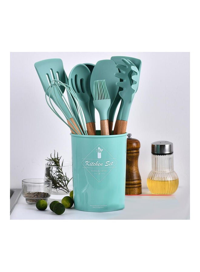 11- Piece Wooden Handle Non Stick Cookware Spoon Set Green - Image 2
