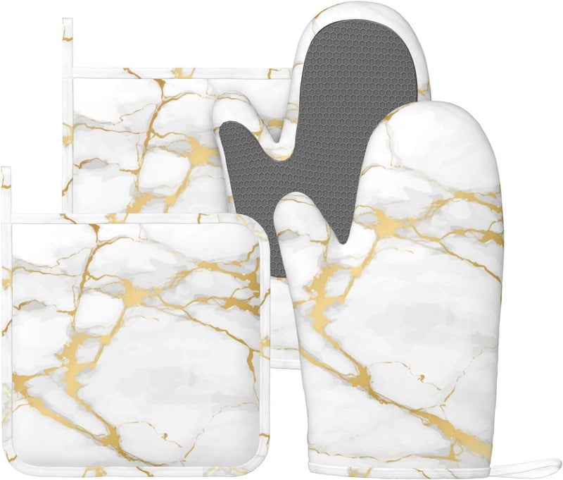 Echoserein Luxury Marble White Gold Oven Mitts and Pot Holders Sets of 4 Heat Resistant Silicone Oven Mittens and Potholders Gloves Hot Pads for Kitchen Cooking Baking Grilling BBQ Chef - Image 1