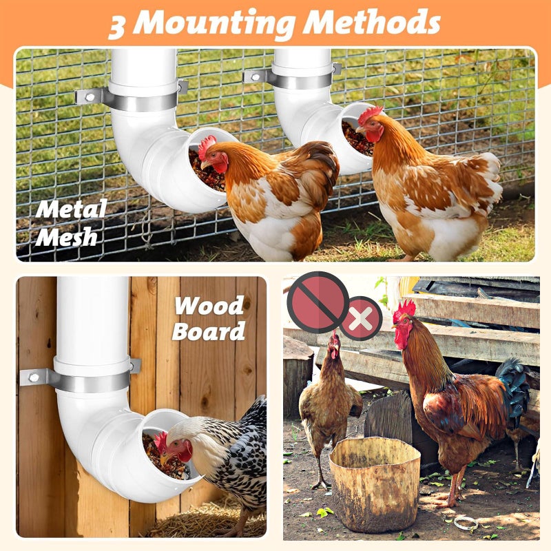 Chewoof 3 Pack Automatic Chicken Feeder No Waste, PVC Pipe Chicken Coop Feeder, Rat Proof Chicken Feeders, with Lid Hanging for Chicken Poultry Feeder - Image 3