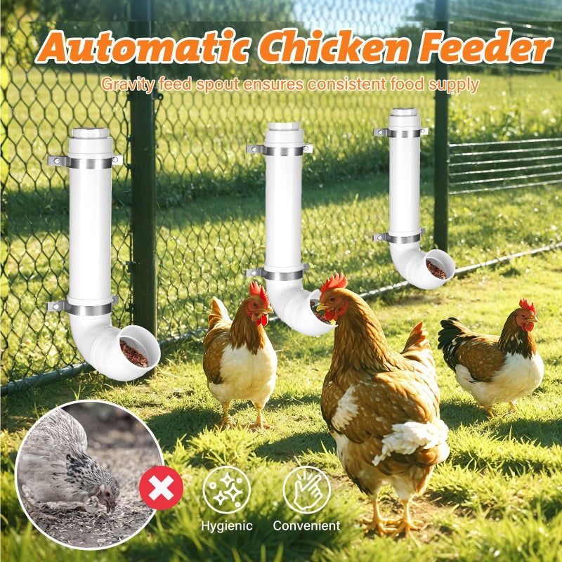 Chewoof 3 Pack Automatic Chicken Feeder No Waste, PVC Pipe Chicken Coop Feeder, Rat Proof Chicken Feeders, with Lid Hanging for Chicken Poultry Feeder - Image 2