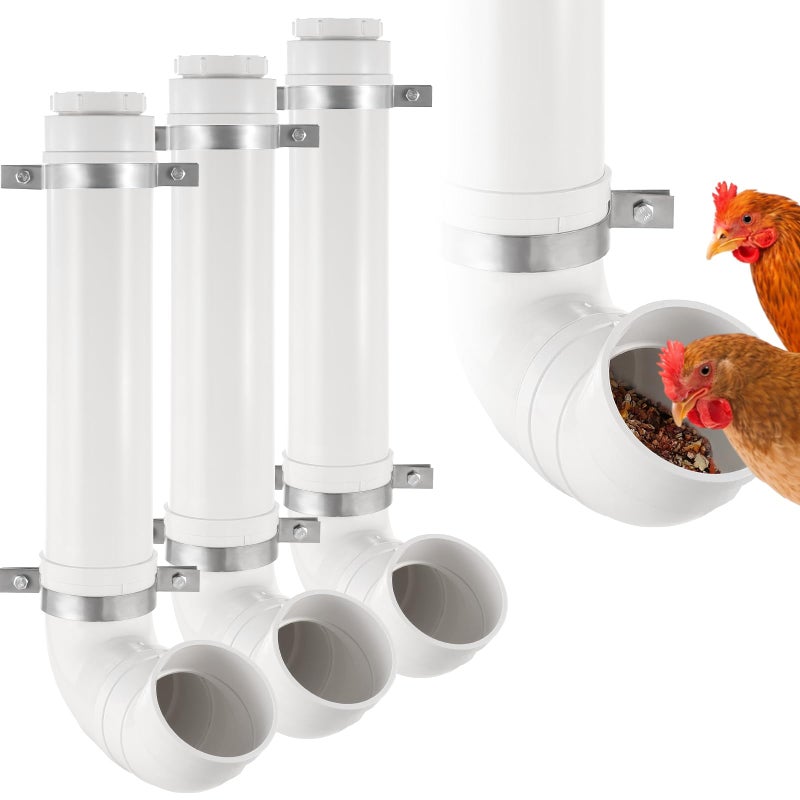 Chewoof 3 Pack Automatic Chicken Feeder No Waste, PVC Pipe Chicken Coop Feeder, Rat Proof Chicken Feeders, with Lid Hanging for Chicken Poultry Feeder - Image 1