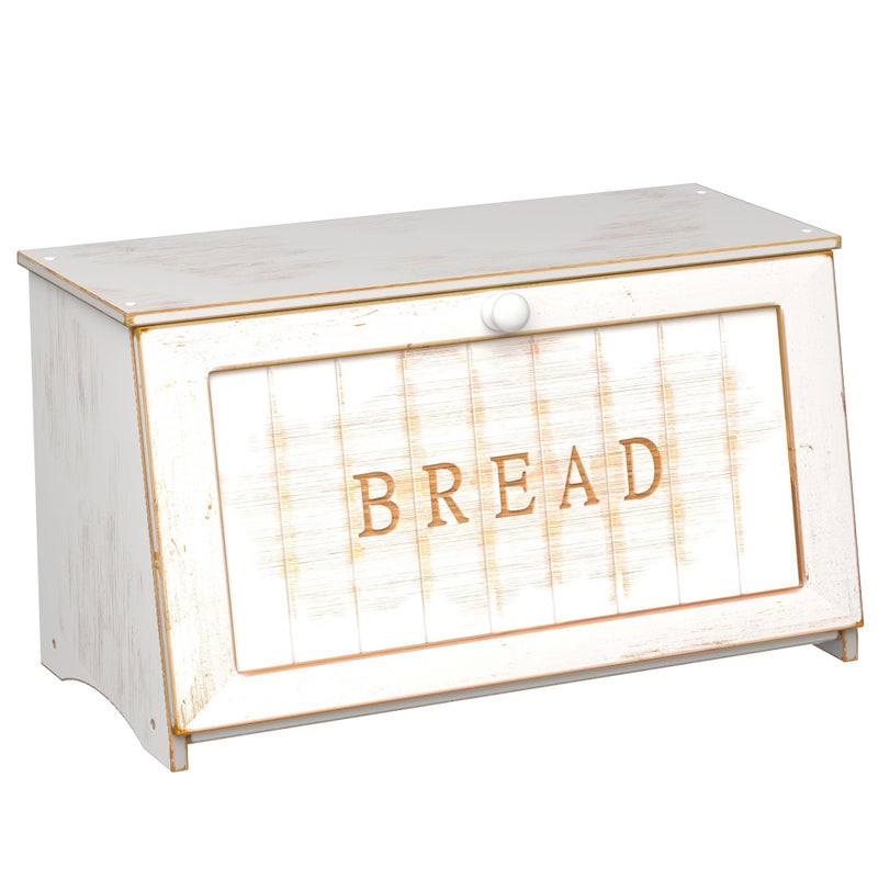 TQQDCI Vintage Bread Box for Kitchen Countertop, Retro Design Bread Storage Container, Farmhouse Wooden Counter Breadbox, Small Bamboo Bread Bin Holder for Homemade Bread, White - Image 1