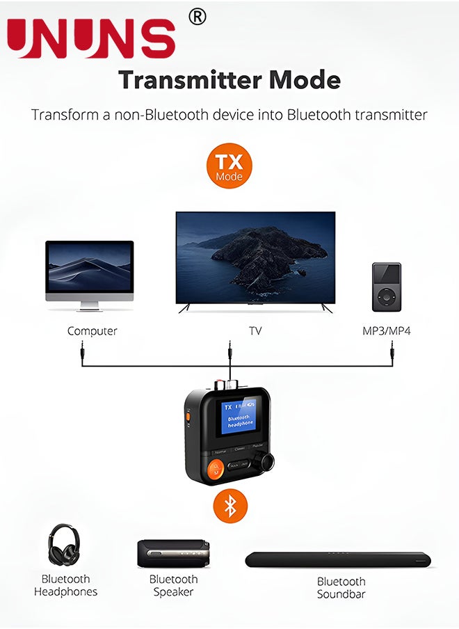 UNUNS - Bluetooth Transmitter Receiver,Bluetooth 5.2 Transmitter With LCD Screen,5 EQ Effects,TF Card Plug-Play,Wireless Audio Adapter RCA 3.5mm AUX for TV/PC/Car/MP3/Speakers/Headset,BR05 - Image 1